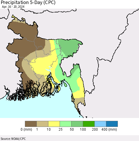 Bangladesh Precipitation 5-Day (CPC) Thematic Map For 4/16/2024 - 4/20/2024
