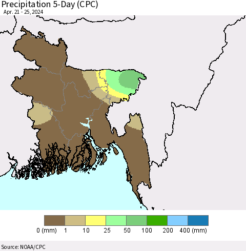 Bangladesh Precipitation 5-Day (CPC) Thematic Map For 4/21/2024 - 4/25/2024