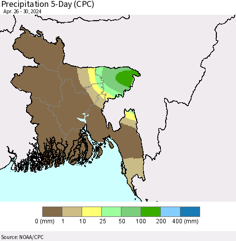 Bangladesh Precipitation 5-Day (CPC) Thematic Map For 4/26/2024 - 4/30/2024