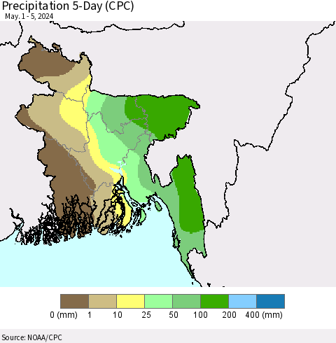 Bangladesh Precipitation 5-Day (CPC) Thematic Map For 5/1/2024 - 5/5/2024
