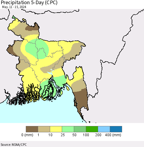 Bangladesh Precipitation 5-Day (CPC) Thematic Map For 5/11/2024 - 5/15/2024
