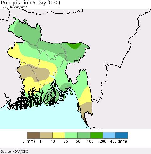 Bangladesh Precipitation 5-Day (CPC) Thematic Map For 5/16/2024 - 5/20/2024