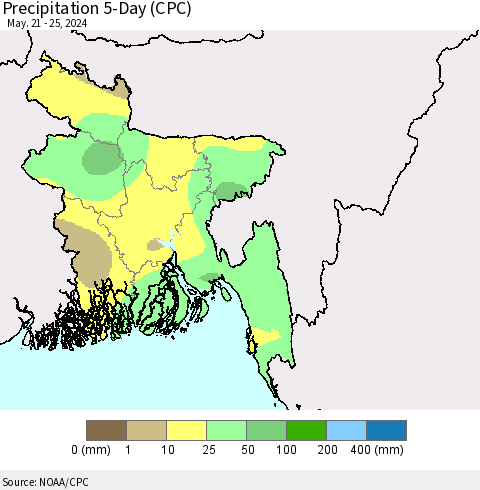 Bangladesh Precipitation 5-Day (CPC) Thematic Map For 5/21/2024 - 5/25/2024