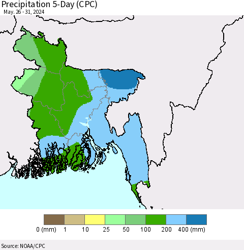 Bangladesh Precipitation 5-Day (CPC) Thematic Map For 5/26/2024 - 5/31/2024