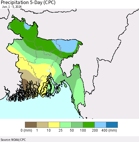Bangladesh Precipitation 5-Day (CPC) Thematic Map For 6/1/2024 - 6/5/2024