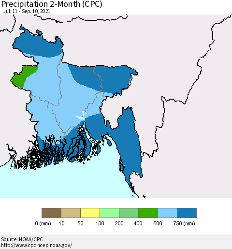 Bangladesh Precipitation 2-Month (CPC) Thematic Map For 7/11/2021 - 9/10/2021