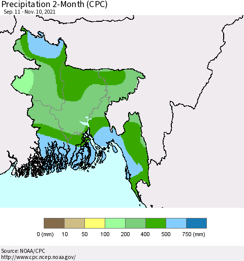 Bangladesh Precipitation 2-Month (CPC) Thematic Map For 9/11/2021 - 11/10/2021