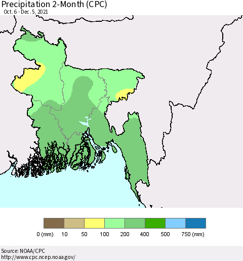 Bangladesh Precipitation 2-Month (CPC) Thematic Map For 10/6/2021 - 12/5/2021