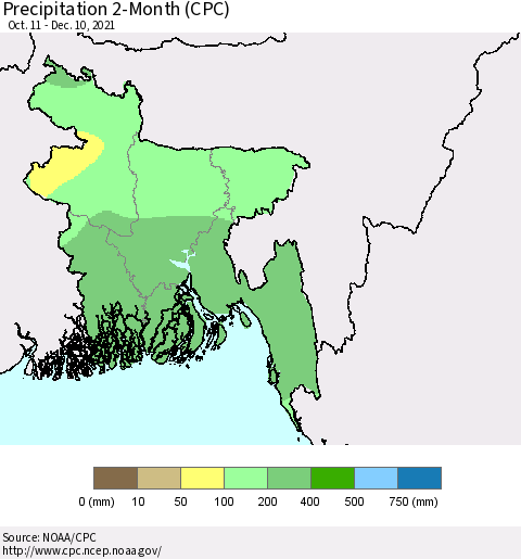 Bangladesh Precipitation 2-Month (CPC) Thematic Map For 10/11/2021 - 12/10/2021