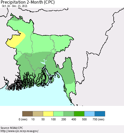 Bangladesh Precipitation 2-Month (CPC) Thematic Map For 10/16/2021 - 12/15/2021