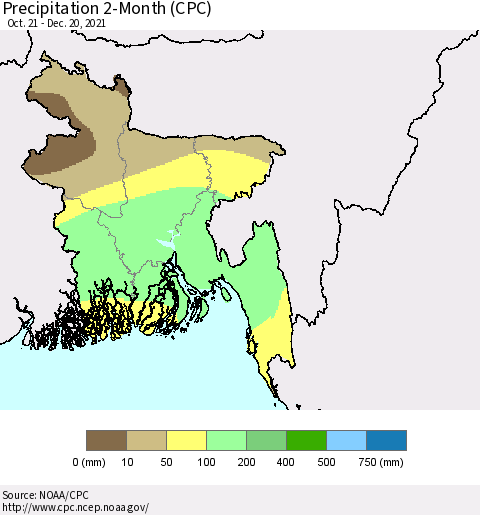 Bangladesh Precipitation 2-Month (CPC) Thematic Map For 10/21/2021 - 12/20/2021
