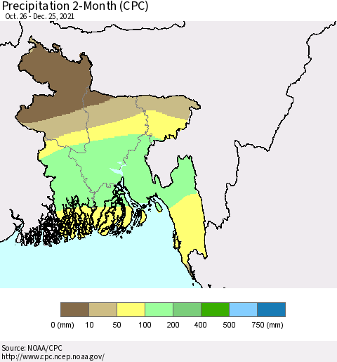 Bangladesh Precipitation 2-Month (CPC) Thematic Map For 10/26/2021 - 12/25/2021