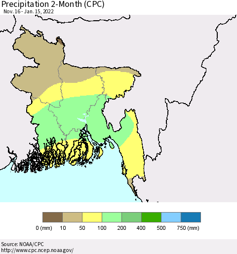 Bangladesh Precipitation 2-Month (CPC) Thematic Map For 11/16/2021 - 1/15/2022