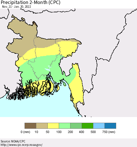 Bangladesh Precipitation 2-Month (CPC) Thematic Map For 11/21/2021 - 1/20/2022