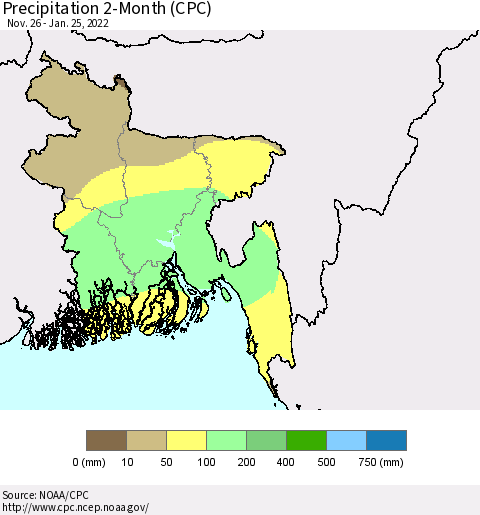 Bangladesh Precipitation 2-Month (CPC) Thematic Map For 11/26/2021 - 1/25/2022