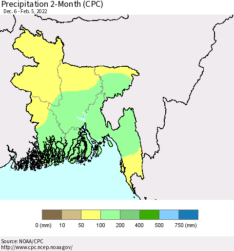 Bangladesh Precipitation 2-Month (CPC) Thematic Map For 12/6/2021 - 2/5/2022