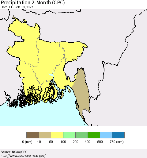 Bangladesh Precipitation 2-Month (CPC) Thematic Map For 12/11/2021 - 2/10/2022