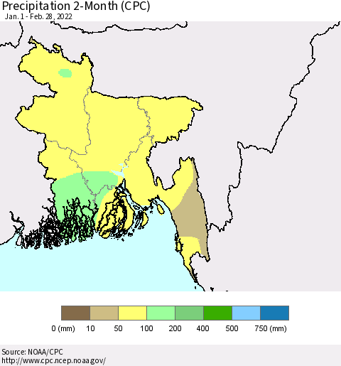 Bangladesh Precipitation 2-Month (CPC) Thematic Map For 1/1/2022 - 2/28/2022