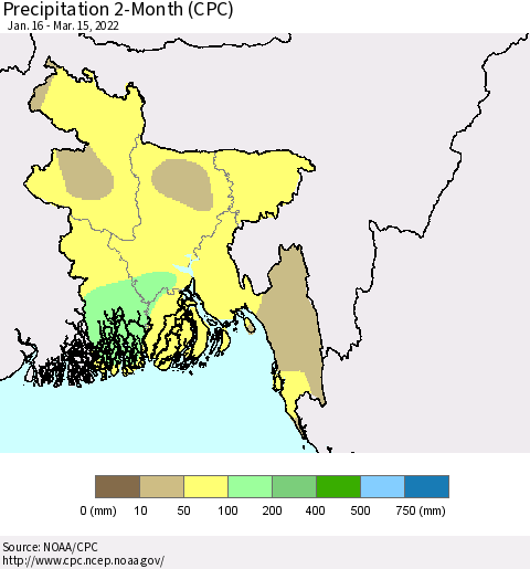 Bangladesh Precipitation 2-Month (CPC) Thematic Map For 1/16/2022 - 3/15/2022