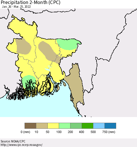 Bangladesh Precipitation 2-Month (CPC) Thematic Map For 1/26/2022 - 3/25/2022