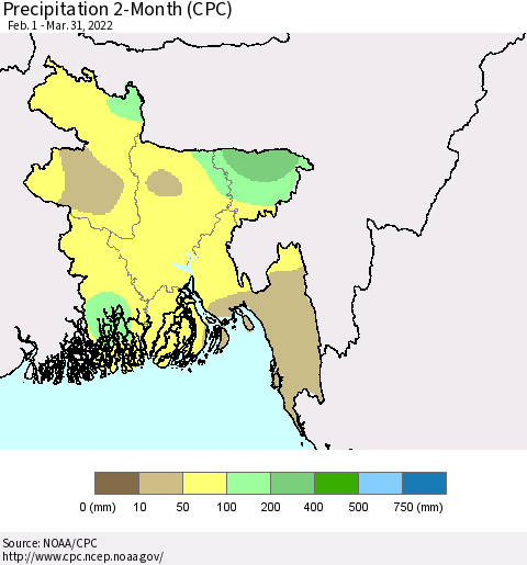 Bangladesh Precipitation 2-Month (CPC) Thematic Map For 2/1/2022 - 3/31/2022