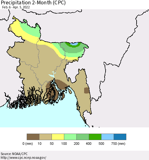 Bangladesh Precipitation 2-Month (CPC) Thematic Map For 2/6/2022 - 4/5/2022