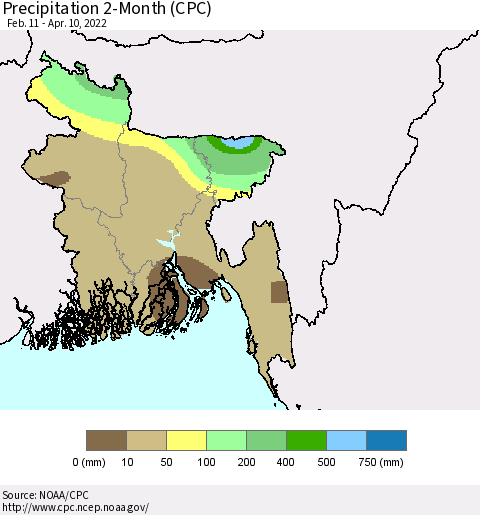 Bangladesh Precipitation 2-Month (CPC) Thematic Map For 2/11/2022 - 4/10/2022