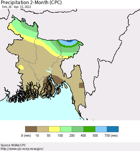 Bangladesh Precipitation 2-Month (CPC) Thematic Map For 2/16/2022 - 4/15/2022