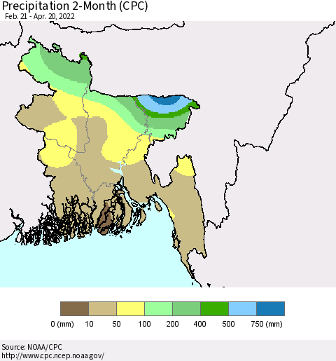 Bangladesh Precipitation 2-Month (CPC) Thematic Map For 2/21/2022 - 4/20/2022