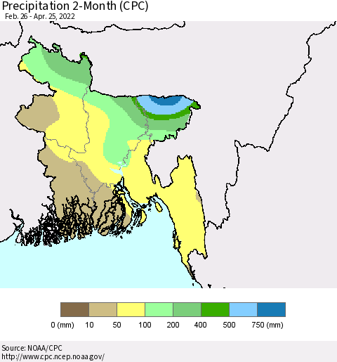 Bangladesh Precipitation 2-Month (CPC) Thematic Map For 2/26/2022 - 4/25/2022