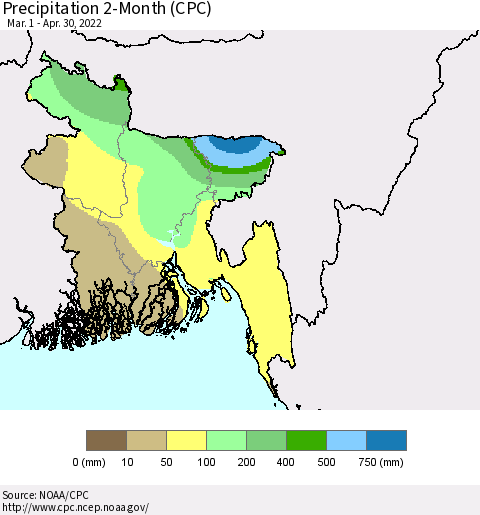 Bangladesh Precipitation 2-Month (CPC) Thematic Map For 3/1/2022 - 4/30/2022