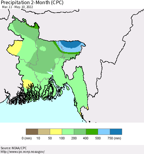 Bangladesh Precipitation 2-Month (CPC) Thematic Map For 3/11/2022 - 5/10/2022