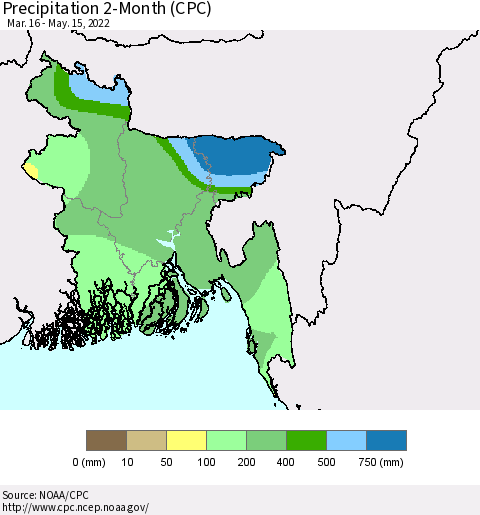 Bangladesh Precipitation 2-Month (CPC) Thematic Map For 3/16/2022 - 5/15/2022