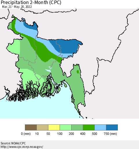 Bangladesh Precipitation 2-Month (CPC) Thematic Map For 3/21/2022 - 5/20/2022