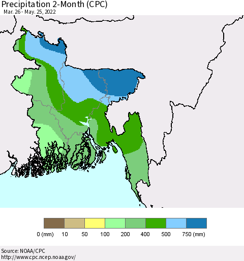 Bangladesh Precipitation 2-Month (CPC) Thematic Map For 3/26/2022 - 5/25/2022
