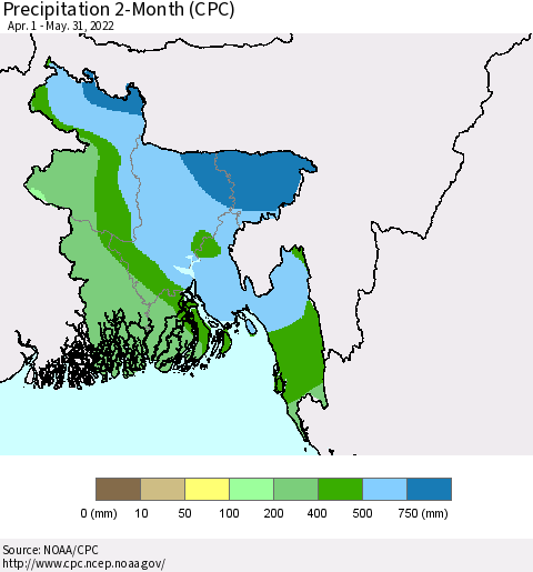 Bangladesh Precipitation 2-Month (CPC) Thematic Map For 4/1/2022 - 5/31/2022