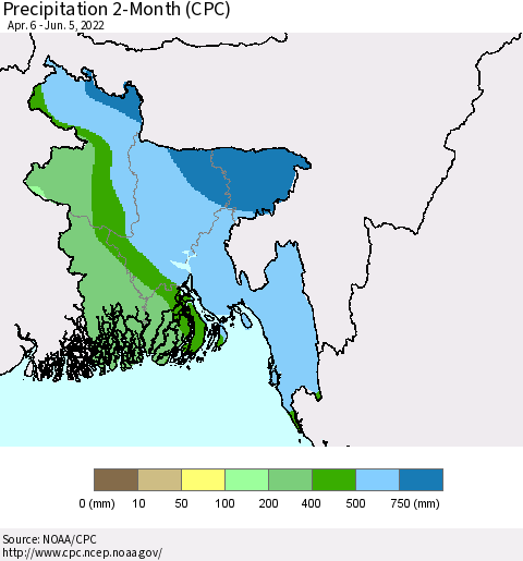 Bangladesh Precipitation 2-Month (CPC) Thematic Map For 4/6/2022 - 6/5/2022