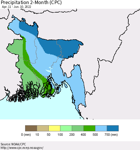 Bangladesh Precipitation 2-Month (CPC) Thematic Map For 4/11/2022 - 6/10/2022