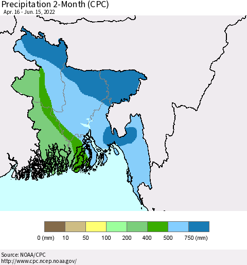 Bangladesh Precipitation 2-Month (CPC) Thematic Map For 4/16/2022 - 6/15/2022