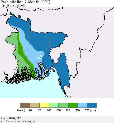 Bangladesh Precipitation 2-Month (CPC) Thematic Map For 4/21/2022 - 6/20/2022