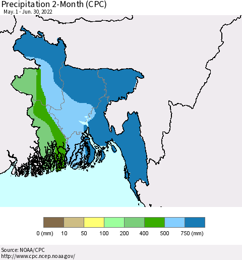 Bangladesh Precipitation 2-Month (CPC) Thematic Map For 5/1/2022 - 6/30/2022
