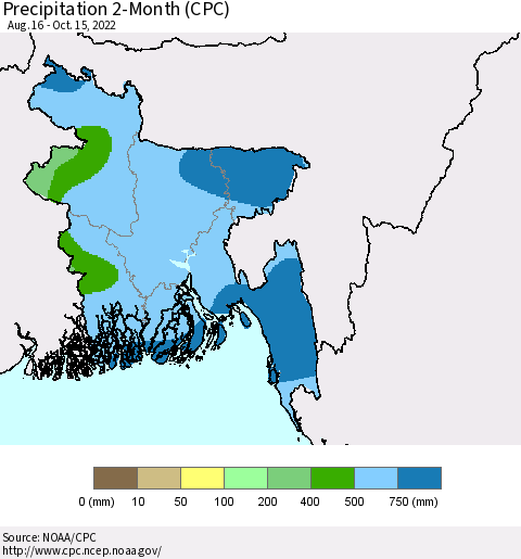 Bangladesh Precipitation 2-Month (CPC) Thematic Map For 8/16/2022 - 10/15/2022