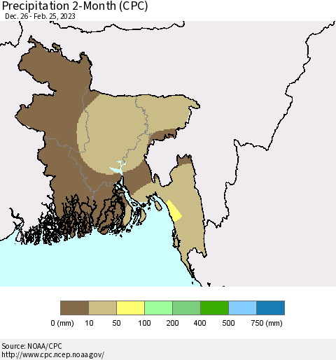Bangladesh Precipitation 2-Month (CPC) Thematic Map For 12/26/2022 - 2/25/2023