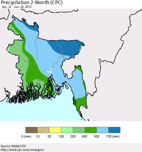 Bangladesh Precipitation 2-Month (CPC) Thematic Map For 4/21/2023 - 6/20/2023