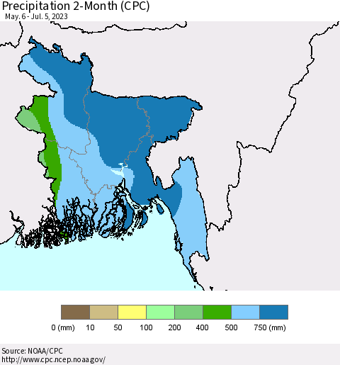 Bangladesh Precipitation 2-Month (CPC) Thematic Map For 5/6/2023 - 7/5/2023
