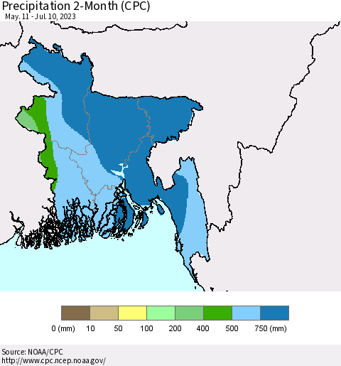 Bangladesh Precipitation 2-Month (CPC) Thematic Map For 5/11/2023 - 7/10/2023