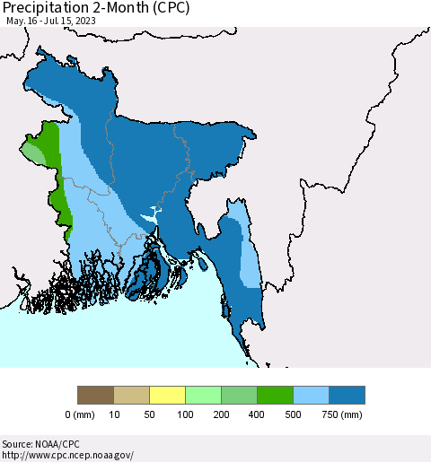 Bangladesh Precipitation 2-Month (CPC) Thematic Map For 5/16/2023 - 7/15/2023
