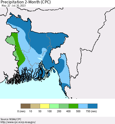 Bangladesh Precipitation 2-Month (CPC) Thematic Map For 5/21/2023 - 7/20/2023