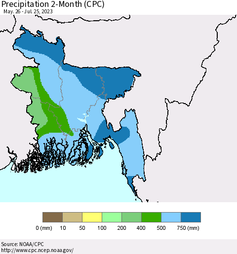 Bangladesh Precipitation 2-Month (CPC) Thematic Map For 5/26/2023 - 7/25/2023