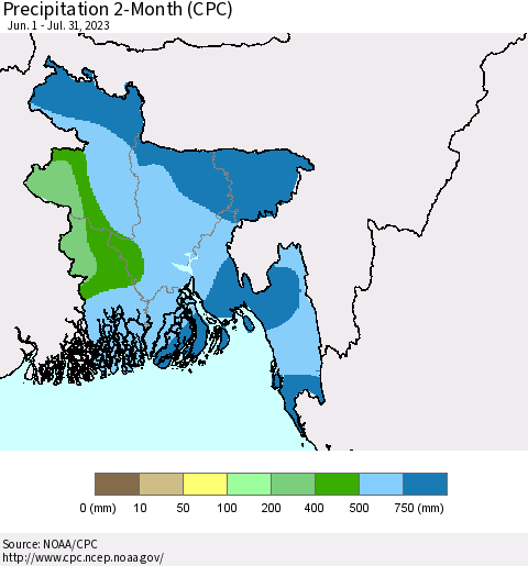 Bangladesh Precipitation 2-Month (CPC) Thematic Map For 6/1/2023 - 7/31/2023